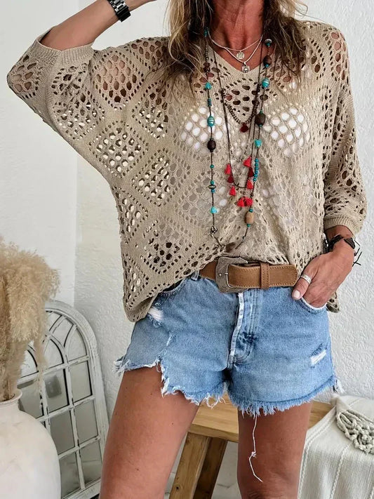 ⏰Sidste dag i udsalget – 49 % RABAT🔥Boheme-inspireret beige hæklet top til kvinder med V-udskæring