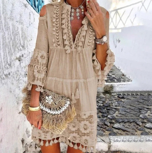 🌸50 % RABAT! ✨ Broderet kjole i bomuld og hør til kvinder – løs pasform, åndbar, UV-beskyttelse 👒