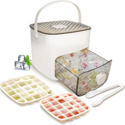 🥳2026 HOT SALE🏖️✅Et must-have til sommeren🥤🧊 Isterningsform med opbevaringsrum – 48 isterninger ad gangen, lækagesikkert låg. Kan stables og sparer plads. Inkluderer isskovl og tang.