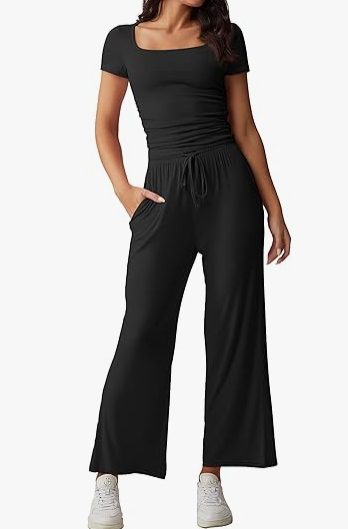 Women's 2-Piece Lounge Set: Ruched Top & Wide-Leg Pants