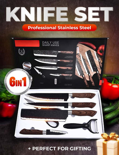 【📦 Begrænset tilbud: 50 % RABAT】🔪🔥 Professionelt køkkenknivsæt i rustfrit stål – 6 dele, skarpe og holdbare