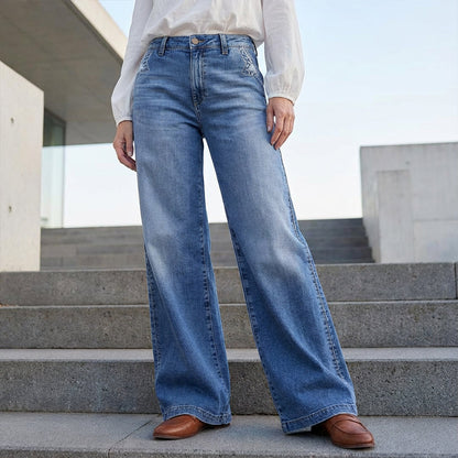 💎 -50 % PÅ VINTAGE-JEANS MED BREDE BEN! 💎 Høj talje, retro-vask og eksklusiv bomuldsblanding for en tidløs stil 👖✨