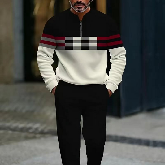 💎 50 % RABAT! 💎 Herre-sæt med pullover og bukser med grafisk print – kvartlængde lynlås, åndbart polyester og moderne, koordineret look 👕👖