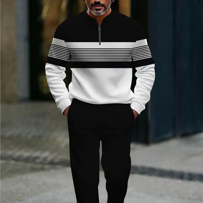 💎 50 % RABAT! 💎 Herre-sæt med pullover og bukser med grafisk print – kvartlængde lynlås, åndbart polyester og moderne, koordineret look 👕👖
