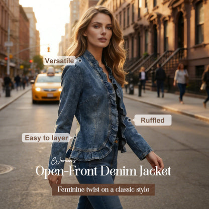 🧥 50 % RABAT NU!! 🌸 Damejeansjakke med flæser og åben front – Let og feminin – Alsidig og chic 👗