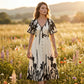 👗 50 % RABAT NU! 🌸 Midi-kjole til kvinder med botanisk mønster – V-udskæring, A-silhuet og flagrende ærmer 🌿