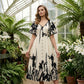 👗 50 % RABAT NU! 🌸 Midi-kjole til kvinder med botanisk mønster – V-udskæring, A-silhuet og flagrende ærmer 🌿