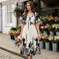 👗 50 % RABAT NU! 🌸 Midi-kjole til kvinder med botanisk mønster – V-udskæring, A-silhuet og flagrende ærmer 🌿