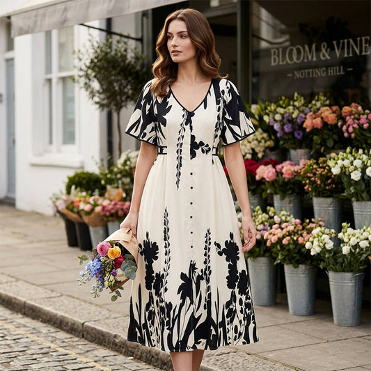 👗 50 % RABAT NU! 🌸 Midi-kjole til kvinder med botanisk mønster – V-udskæring, A-silhuet og flagrende ærmer 🌿