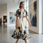👗 50 % RABAT NU! 🌸 Midi-kjole til kvinder med botanisk mønster – V-udskæring, A-silhuet og flagrende ærmer 🌿