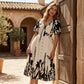 👗 50 % RABAT NU! 🌸 Midi-kjole til kvinder med botanisk mønster – V-udskæring, A-silhuet og flagrende ærmer 🌿