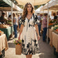 👗 50 % RABAT NU! 🌸 Midi-kjole til kvinder med botanisk mønster – V-udskæring, A-silhuet og flagrende ærmer 🌿