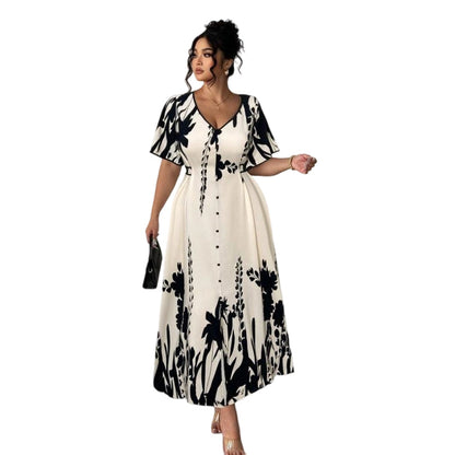 👗 50 % RABAT NU! 🌸 Midi-kjole til kvinder med botanisk mønster – V-udskæring, A-silhuet og flagrende ærmer 🌿