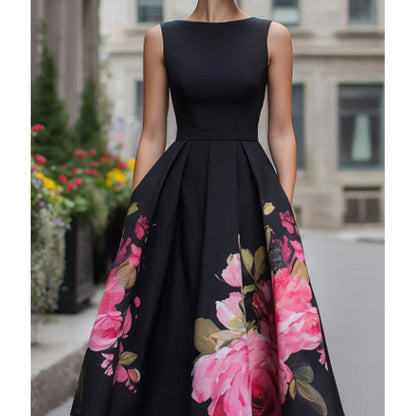 🌸Elegant ærmeløs A-formet midi-kjole med blomsterprint👗❤️