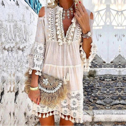 🌸50 % RABAT! ✨ Broderet kjole i bomuld og hør til kvinder – løs pasform, åndbar, UV-beskyttelse 👒