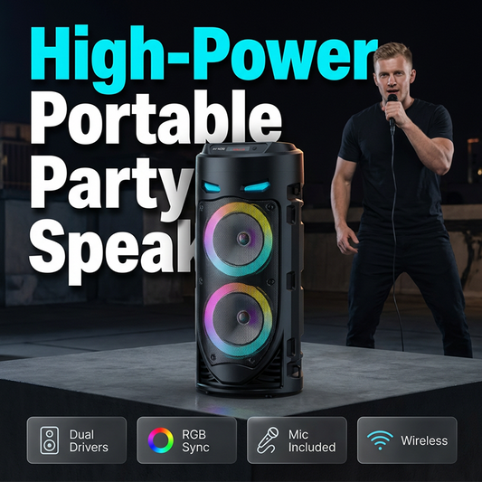 🥳2026 HOT SALE🥳💞50 % RABAT! Bærbar Bluetooth-højttaler med mikrofon – 16 W kraftig lyd, RGB-lys og kablet mikrofon.