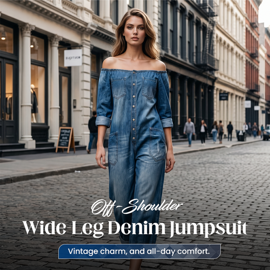 📢📢40 % RABAT !! ⏰Denim-jumpsuit med bare skuldre og brede ben