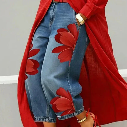 🎁2026 Nye varer 50 % RABAT💥Artistic Flower-jeans med brede ben til kvinder