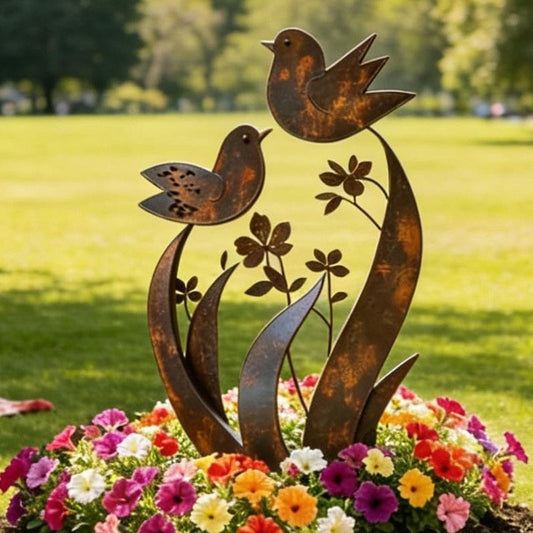 Rustik metalhavepæl med fugle- og blomstermotiv