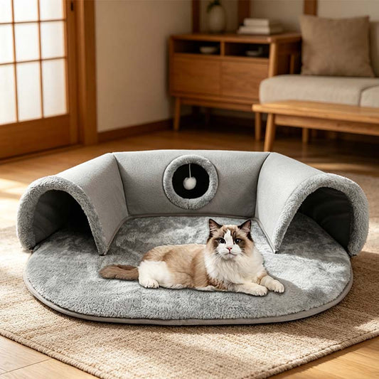 🐱 BEGRÆNSET TILBUD: 50 % RABAT! ✨ 2-i-1 katteseng med tunnel – donutseng + tunnel, blødt plys, sammenklappelig 🎪