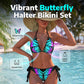 Butterfly-bikinisæt med halterneck – neonprint, justerbar og flatterende pasform
