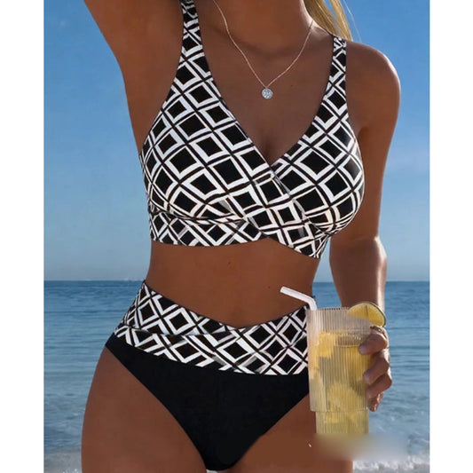 🔥 2026 NYHED: 50% RABAT – Geometrisk Bikini med V-udskæring & høj talje – Elastisk & åndbar 👙✨🌴