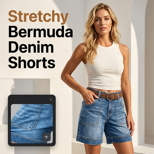 👖 50% RABAT – Stretchbare bermuda-jeans – Premium denim med stretch – Cargo-lommer – Mellemhøj talje – Flatterende pasform – Til en aktiv hverdag
