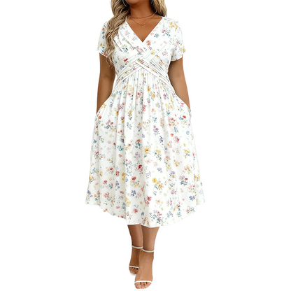 👗 50 % RABAT NU! 💐Midi-kjole til kvinder med V-udskæring, blomsterprint og snoet talje – med sidelommer, blød og luftig afslappet sommerkjole
