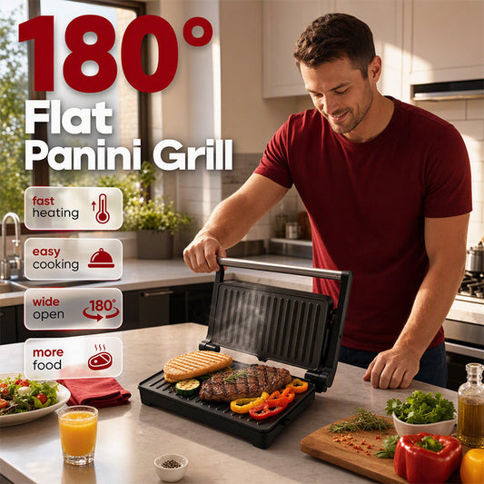 🔥🥪 NU: 50% RABAT I BEGRÆNSET TID – Panini-grill der Åbnes til 180° – Hurtig Opvarmning – Riflede Grillplader – Én Grill, Mange Retter – Til Sandwich, Bøf, Grøntsager & Morgenmad 🍳🛡️✨