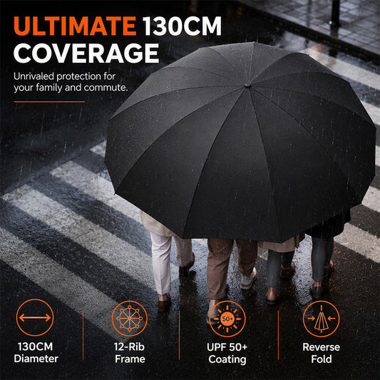☂️50 % RABAT NU! Ekstra stor sammenklappelig paraply – 130 cm, 12 ribber, vindfast, med omvendt foldning, UPF50+ solbeskyttelse, stor paraply til familiens daglige transport og udendørs brug